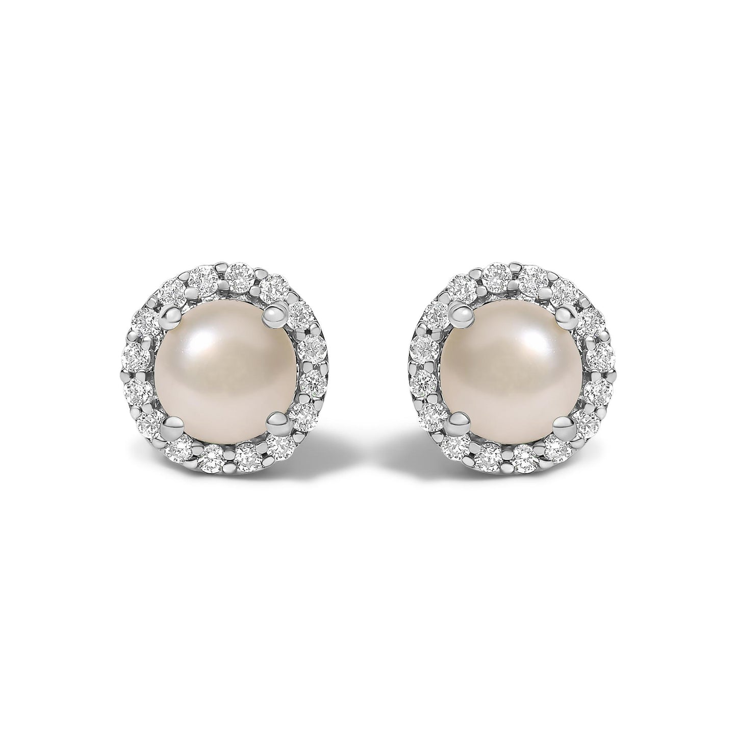 Pair of round stud earrings shown from the front on a white background, each featuring a central pearl surrounded by a halo of white round gemstones in shared prong settings on white metal.