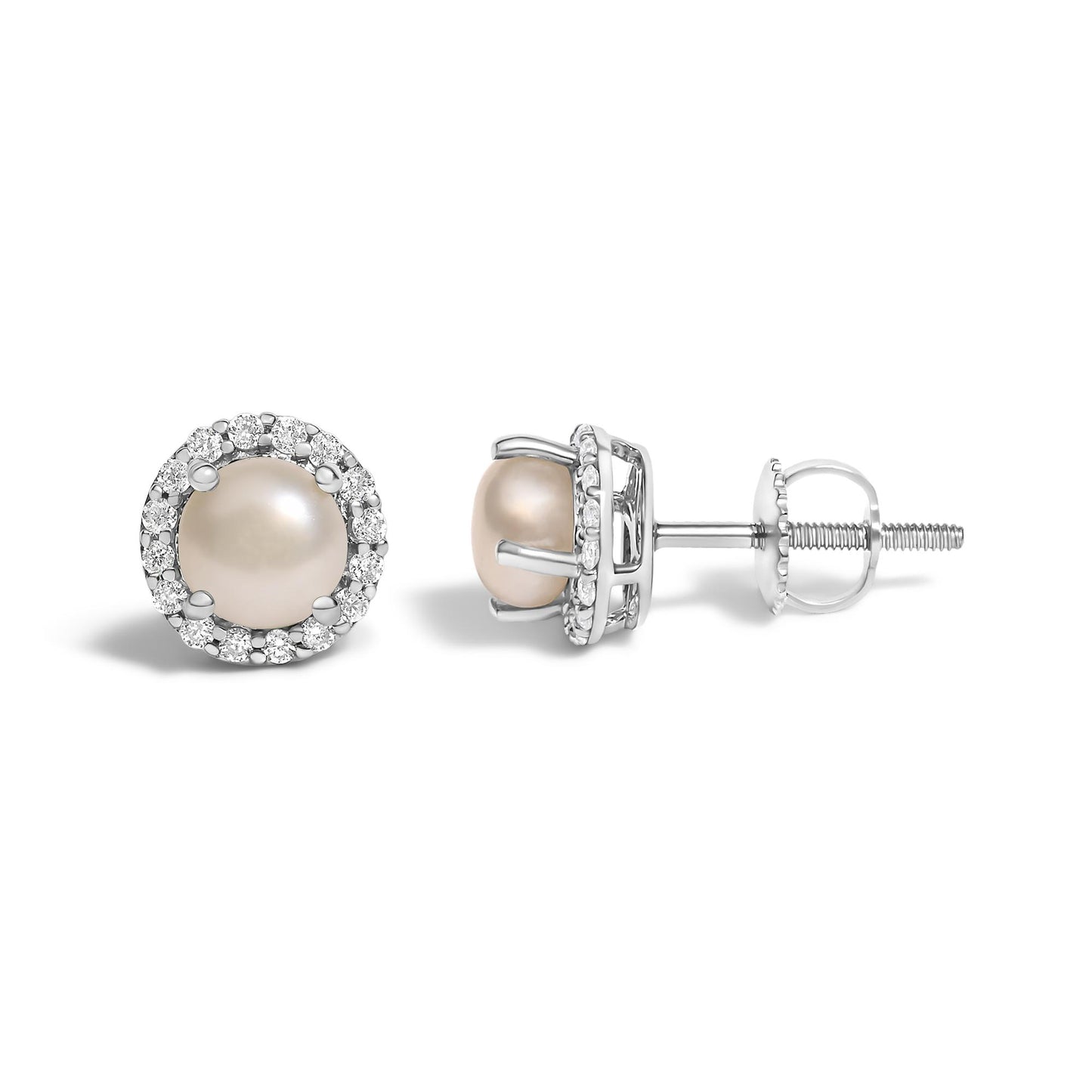 White metal stud earrings with a round central pearl-like gemstone surrounded by a circle of white round gemstones in shared prong settings, shown from front and side angles on a white background.