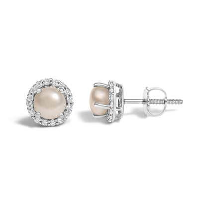 White metal stud earrings with a round central pearl-like gemstone surrounded by a circle of white round gemstones in shared prong settings, shown from front and side angles on a white background.