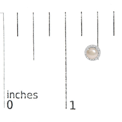 Earring with a central round pearl surrounded by a halo of small round white gemstones in shared prong settings, shown on a scale from a front angle.