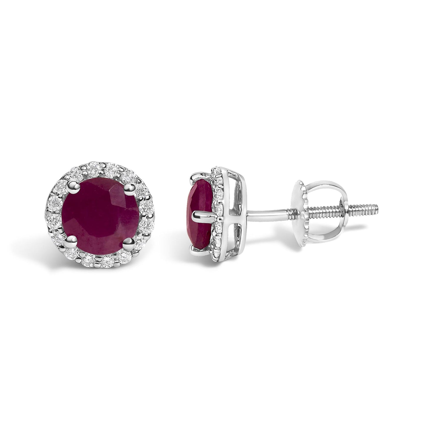 Pair of white metal stud earrings with round red gemstone centers surrounded by a halo of small round white gemstones, shown from front and side angles on a white background.