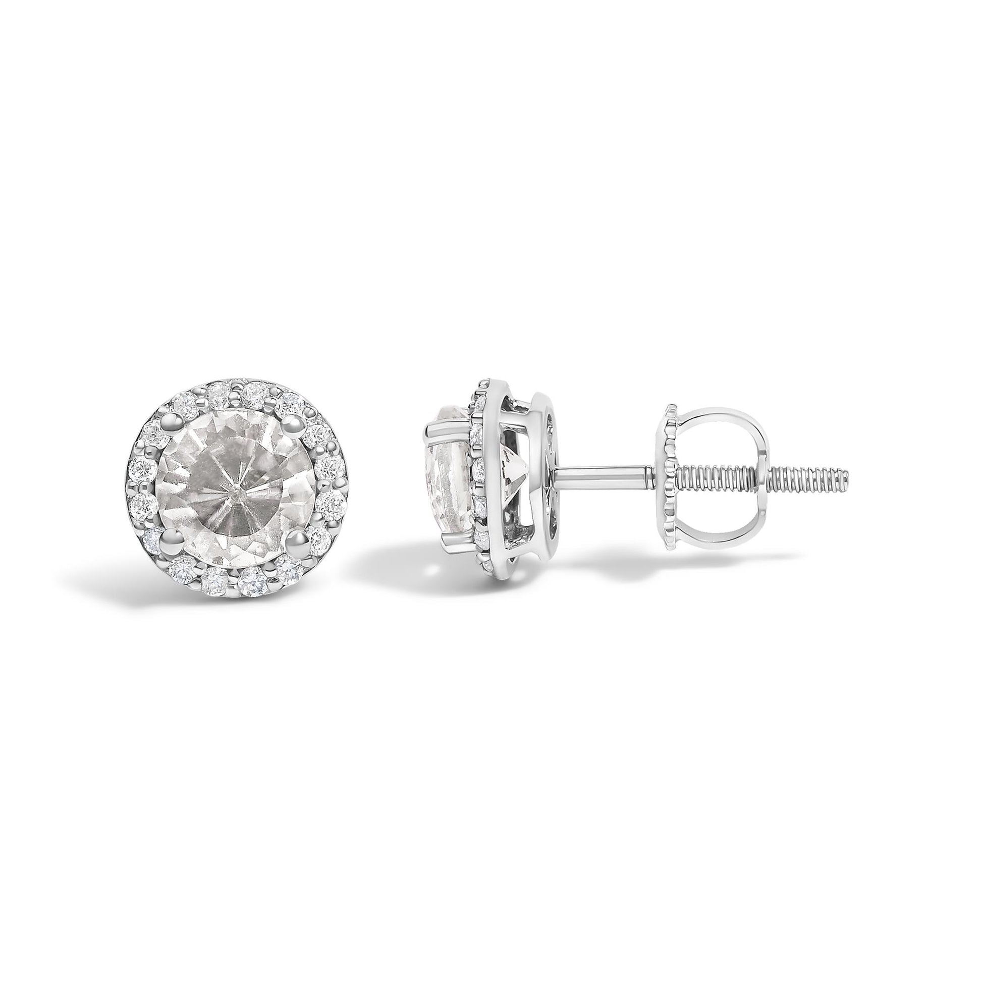 Front and side angled view of round white metal stud earrings featuring a central round white gemstone surrounded by smaller round white gemstones in shared prong settings.