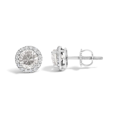 Front and side angled view of round white metal stud earrings featuring a central round white gemstone surrounded by smaller round white gemstones in shared prong settings.
