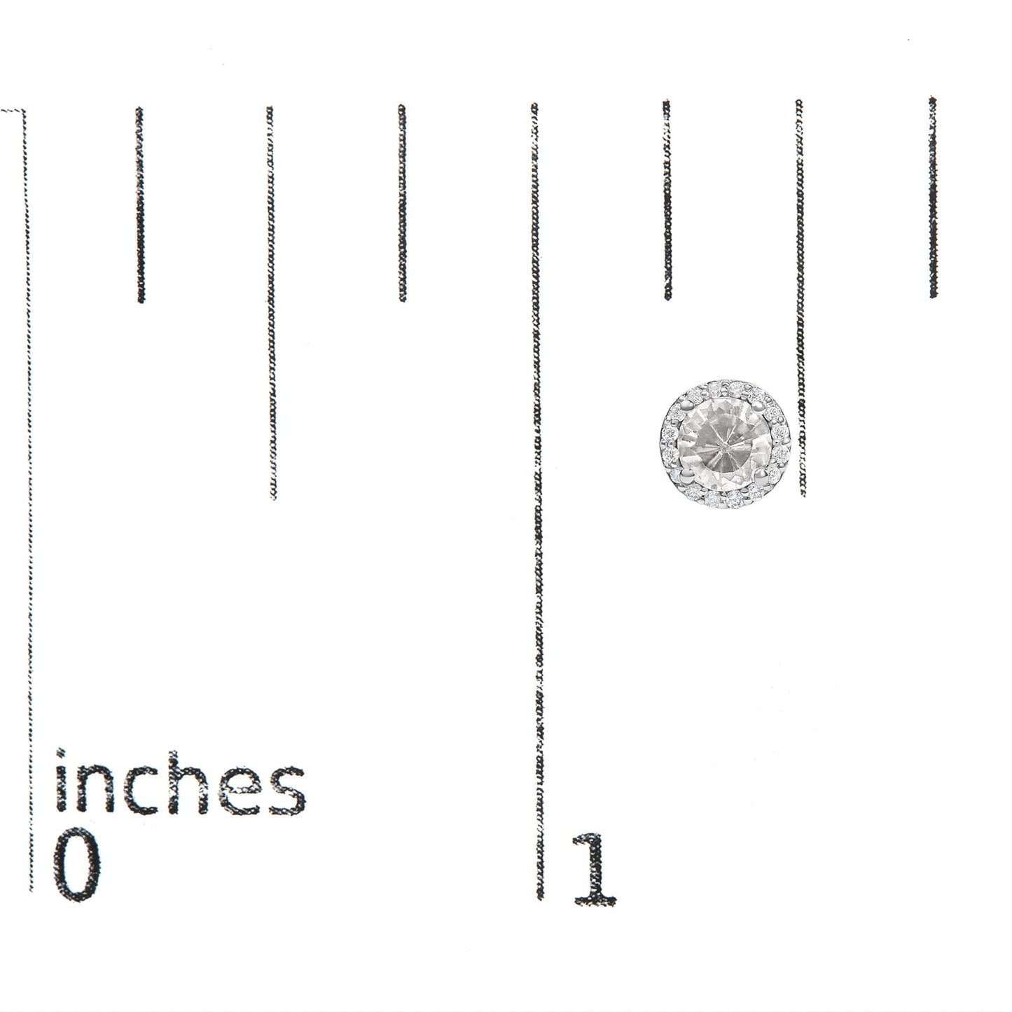 Single round white gemstone earring with smaller white gemstones surrounding it, shown on a scale photographed from above.
