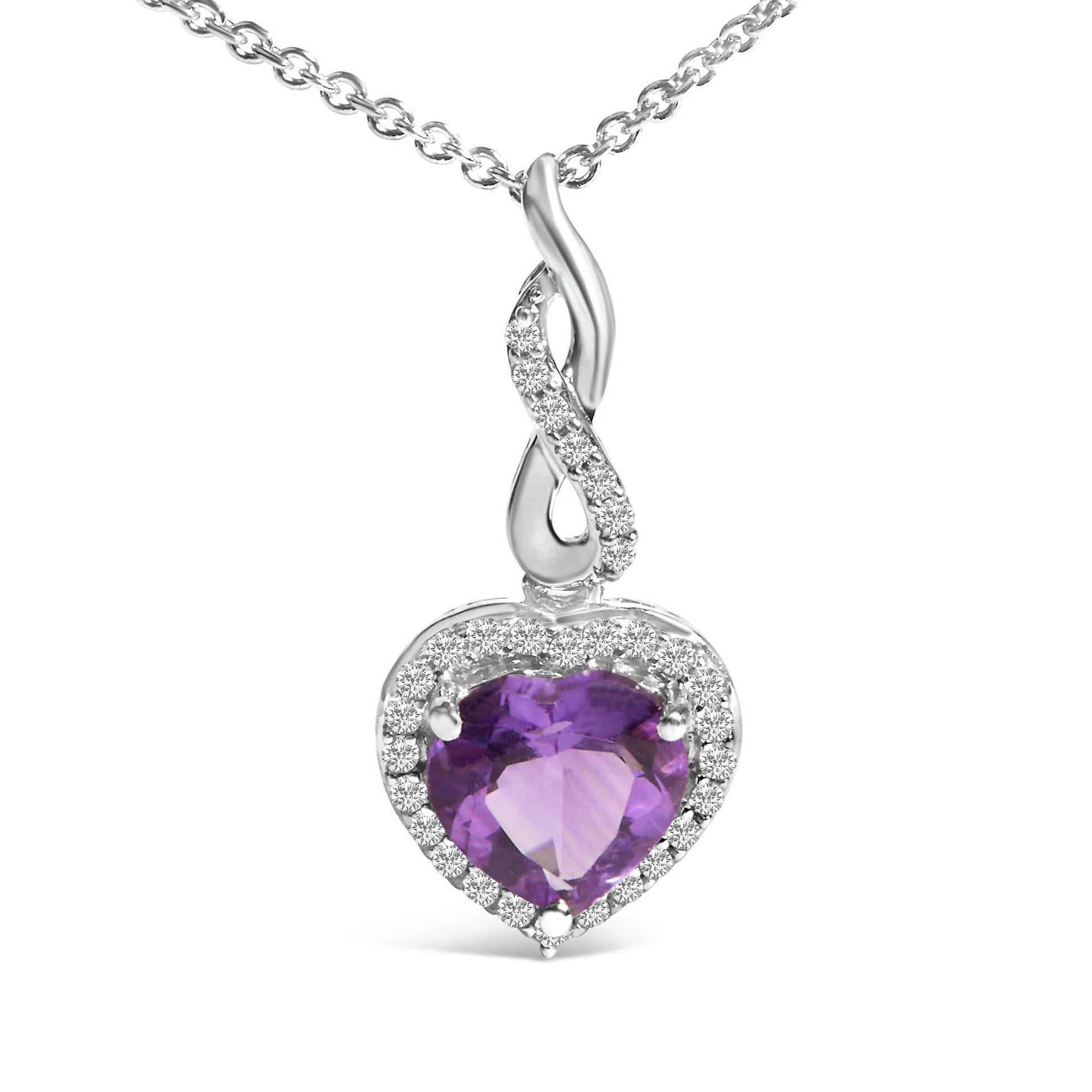 Close-up front view of a white metal necklace pendant featuring a heart-shaped purple gemstone surrounded by small round white gemstones, with an elegant twisted design above the heart.