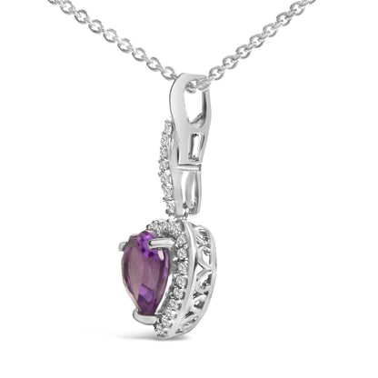 Close-up side view of a white metal pendant set featuring a purple heart-shaped gemstone surrounded by small white round gemstones, hanging from a delicate chain.