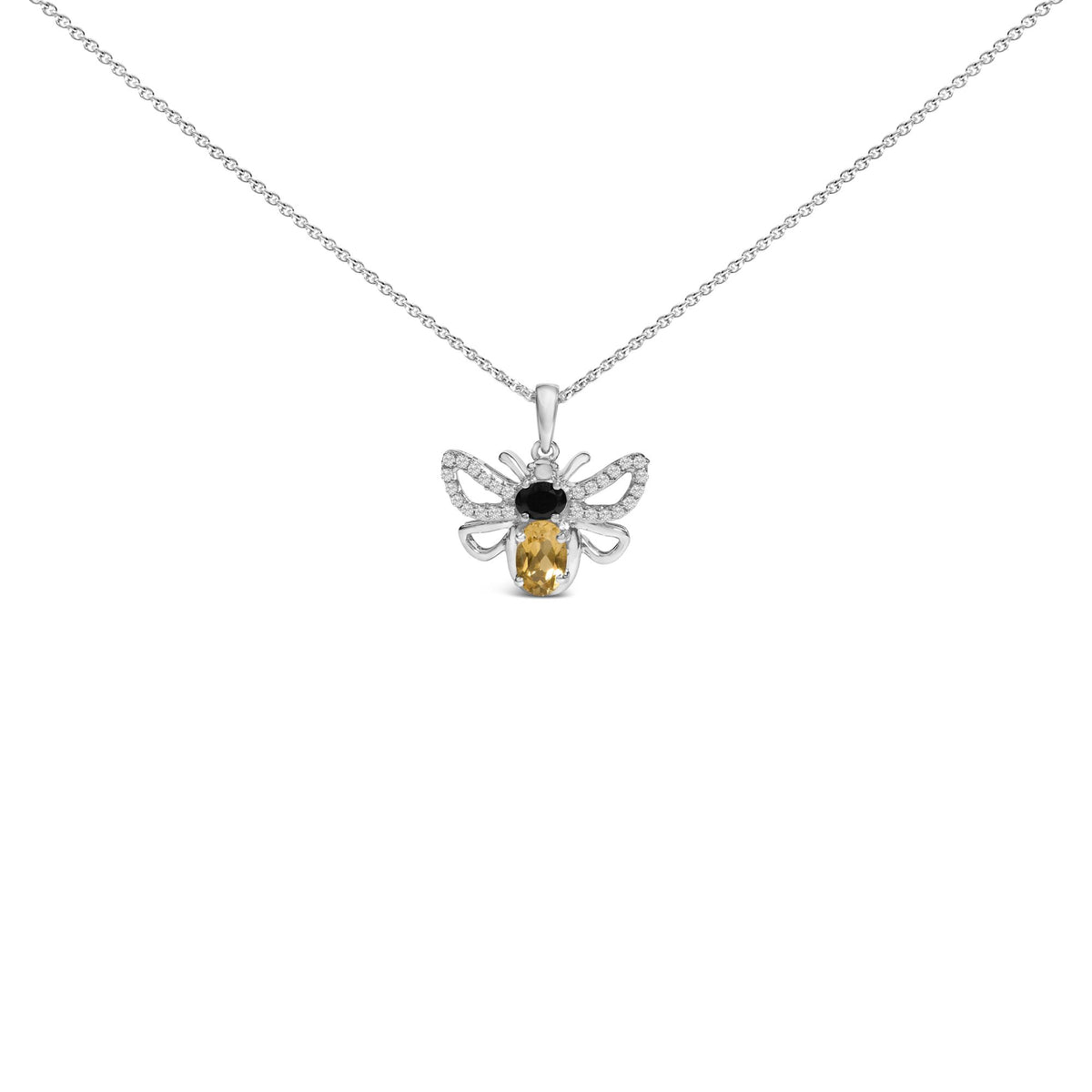 Front view of a white metal necklace with a bee-shaped pendant featuring one oval orange gemstone, one oval black gemstone, and multiple small round white gemstones, shown on a white background.