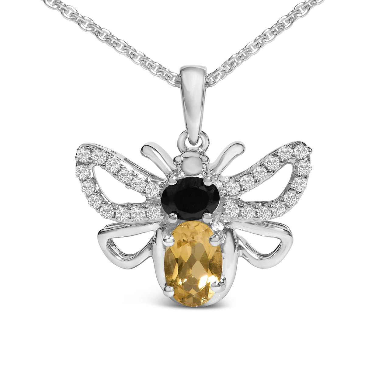Close-up front view of a white metal necklace featuring a bee-shaped pendant adorned with a black oval gemstone at the center, an orange oval gemstone below it, and multiple small round white gemstones decorating the wings.