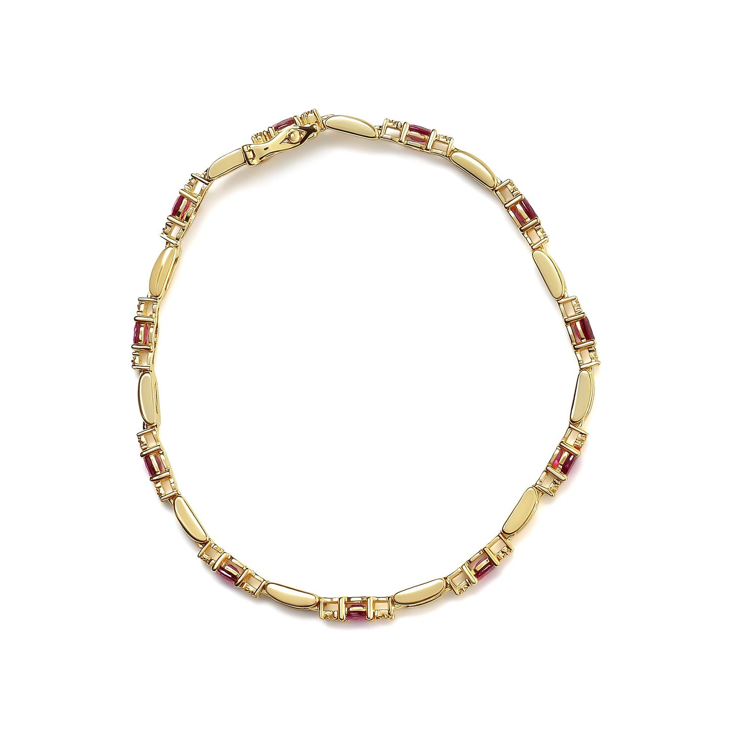 Top-down view of a yellow metal bracelet with alternating oval red gemstones and smooth metal links, accented with small white round gemstones in prong settings.