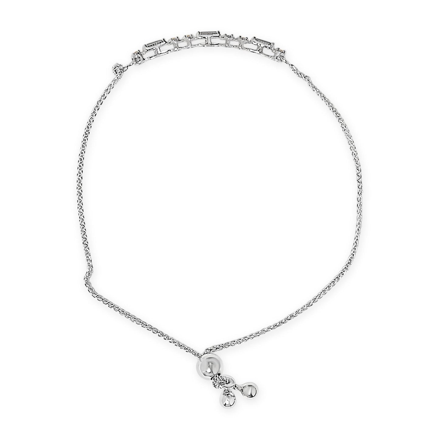White metal bracelet with a chain and a decorative adjustable sliding clasp, featuring blue baguette-shaped gemstones and white round gemstones in prong settings, shown from a top-down angle on a white background.