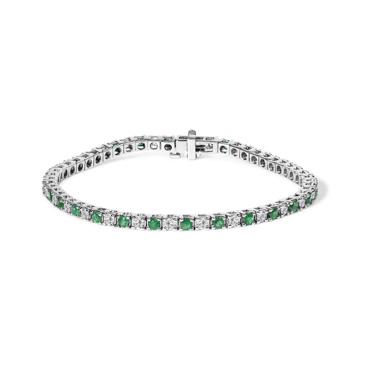 14K White Gold Alternating 1 1/2 Cttw Diamond and Emerald Tennis Bracelet