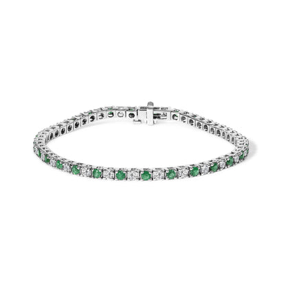14K White Gold Alternating 1 1/2 Cttw Diamond and Emerald Tennis Bracelet
