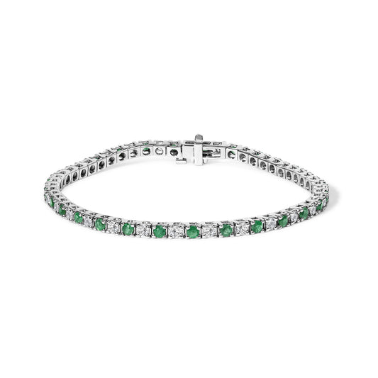 14K White Gold Alternating 1 1/2 Cttw Diamond and Emerald Tennis Bracelet