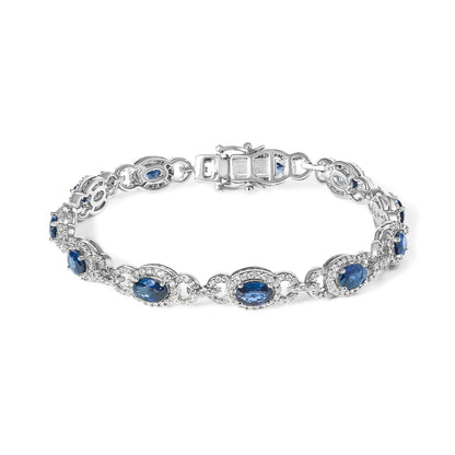 14K White Gold Vintage-Inspired Oval Blue Sapphire & Diamond Link Bracelet