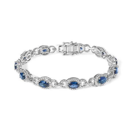 14K White Gold Vintage-Inspired Oval Blue Sapphire & Diamond Link Bracelet