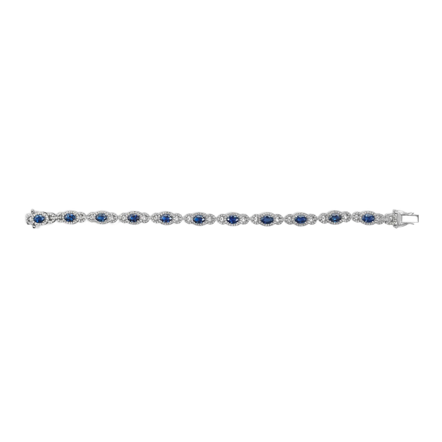 14K White Gold Vintage-Inspired Oval Blue Sapphire & Diamond Link Bracelet