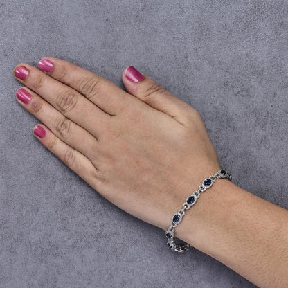 14K White Gold Vintage-Inspired Oval Blue Sapphire & Diamond Link Bracelet