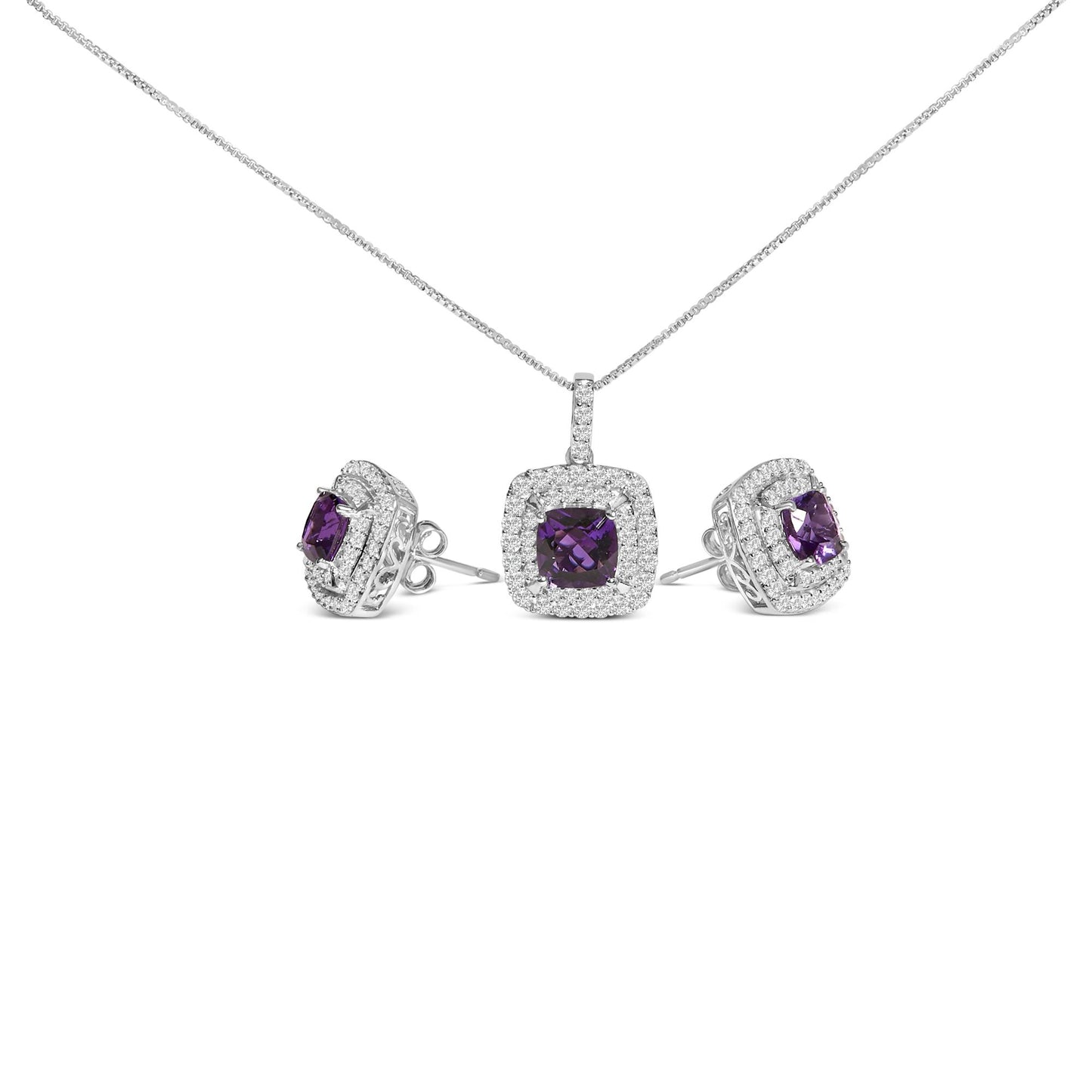 Jewelry set shown on a white background from a front angle, featuring a necklace with a square pendant and matching earrings. Each piece showcases a central purple cushion-shaped gemstone surrounded by two rows of small white round gemstones in prong settings. The necklace chain is thin and delicate.