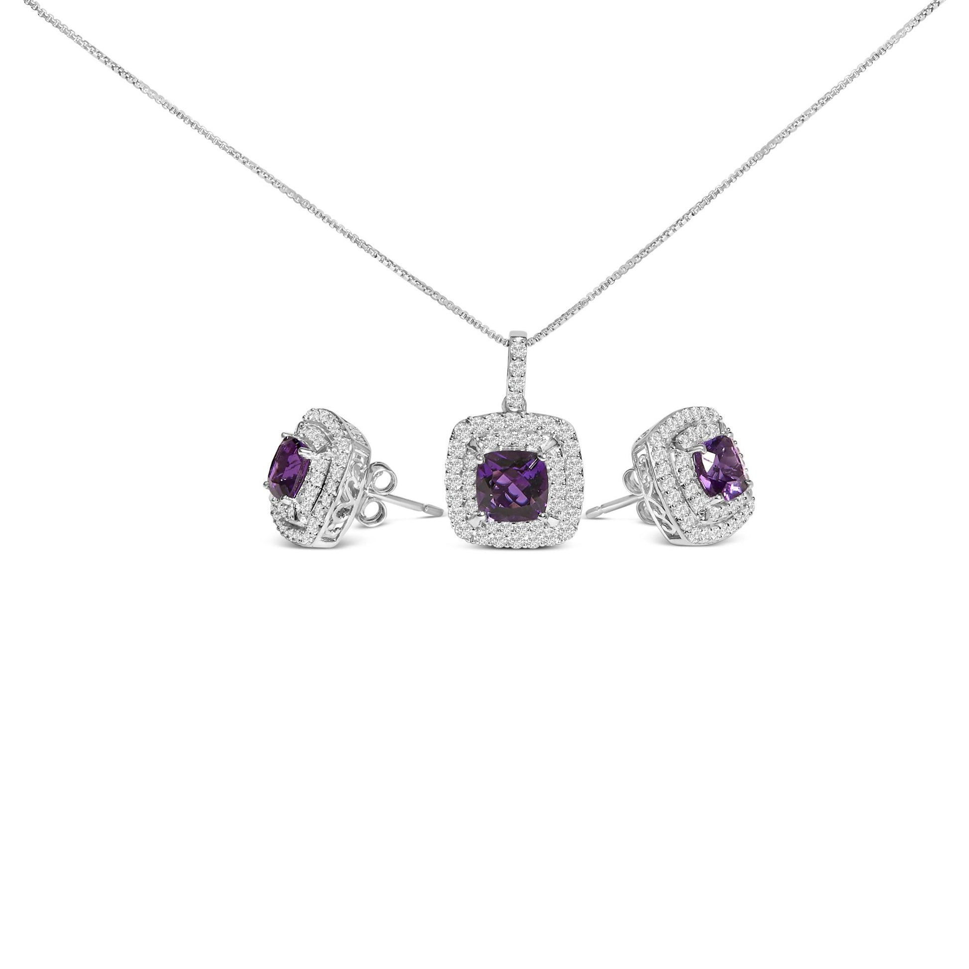 Jewelry set shown on a white background from a front angle, featuring a necklace with a square pendant and matching earrings. Each piece showcases a central purple cushion-shaped gemstone surrounded by two rows of small white round gemstones in prong settings. The necklace chain is thin and delicate.
