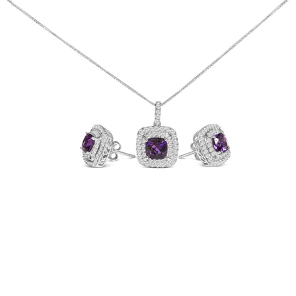 Jewelry set shown on a white background from a front angle, featuring a necklace with a square pendant and matching earrings. Each piece showcases a central purple cushion-shaped gemstone surrounded by two rows of small white round gemstones in prong settings. The necklace chain is thin and delicate.
