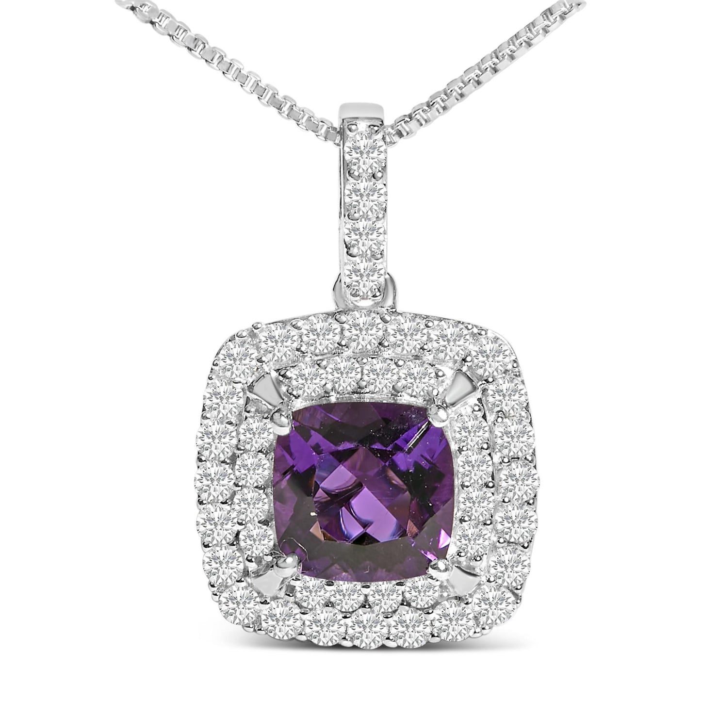 Close-up front view of a white metal pendant necklace featuring a cushion-shaped purple gemstone surrounded by two rows of small round white gemstones, with additional round white gemstones along the bail.