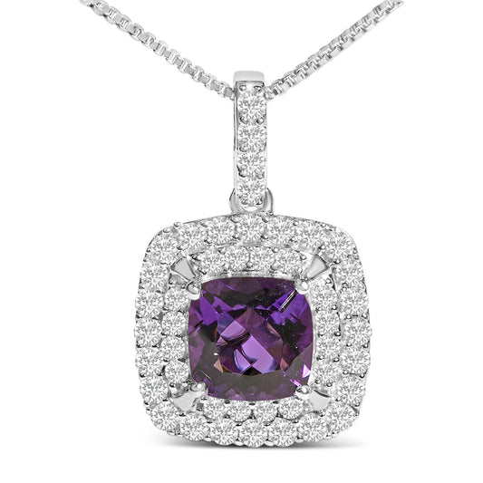 Close-up front view of a white metal pendant necklace featuring a cushion-shaped purple gemstone surrounded by two rows of small round white gemstones, with additional round white gemstones along the bail.