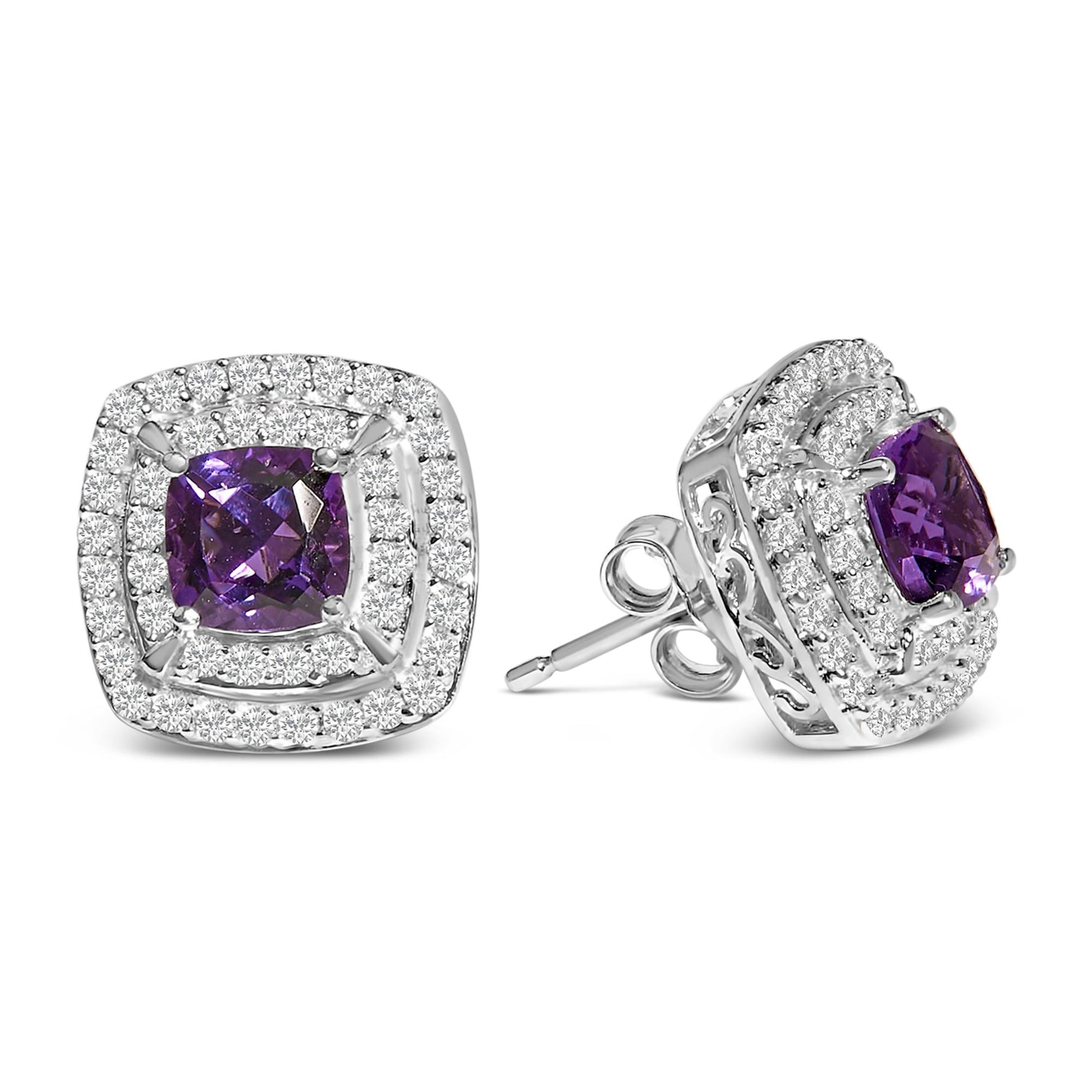 Pair of square-shaped stud earrings with cushion-cut purple gemstones in the center, surrounded by two rows of small white round gemstones, shown from front and side angles on a white background.