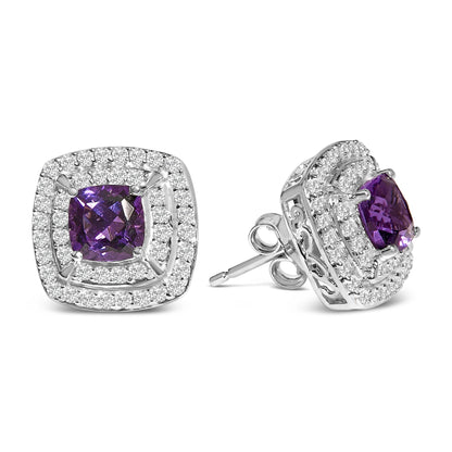Pair of square-shaped stud earrings with cushion-cut purple gemstones in the center, surrounded by two rows of small white round gemstones, shown from front and side angles on a white background.