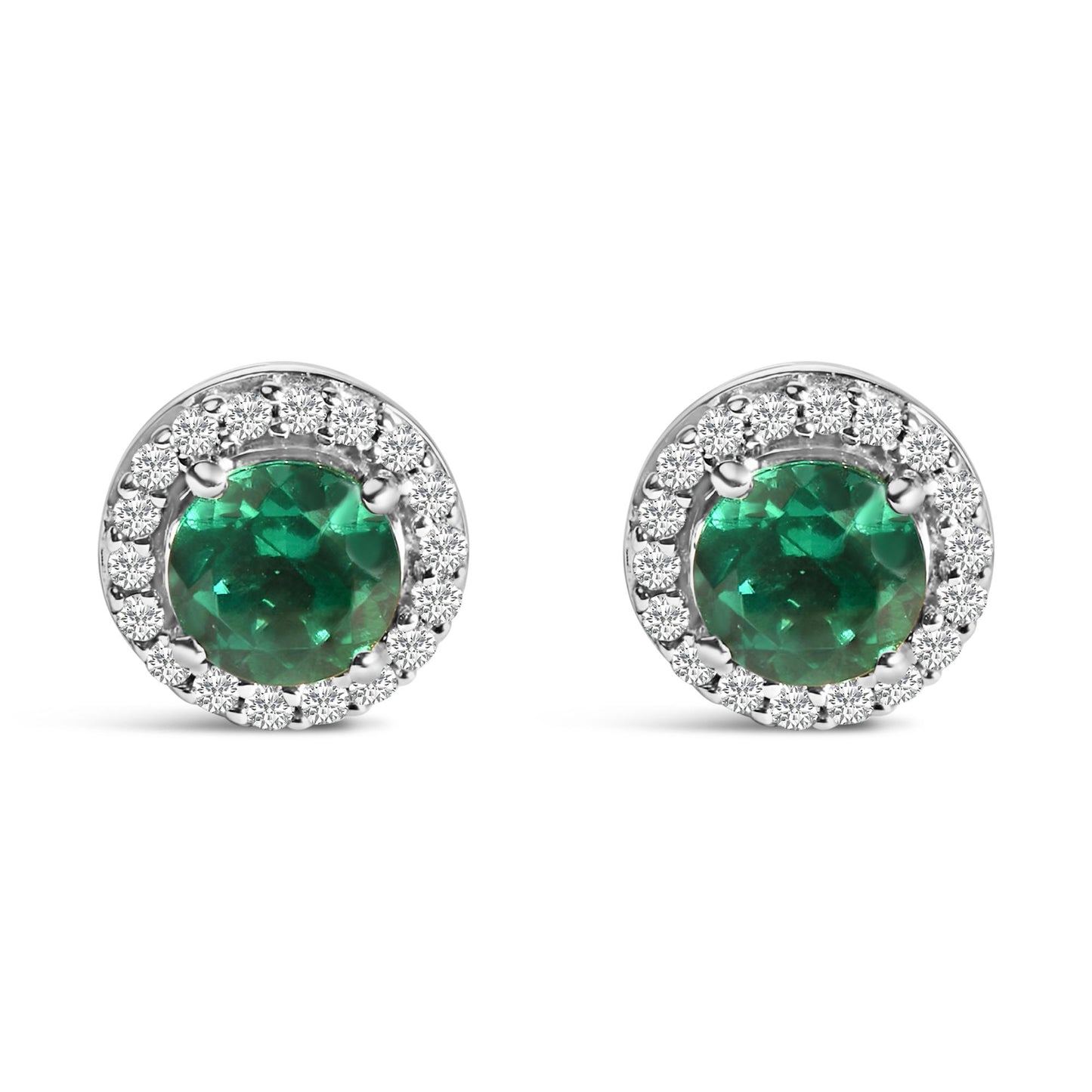 Pair of white metal stud earrings with round green gemstones surrounded by smaller round white gemstones, shown in a front-facing angle on a white background.