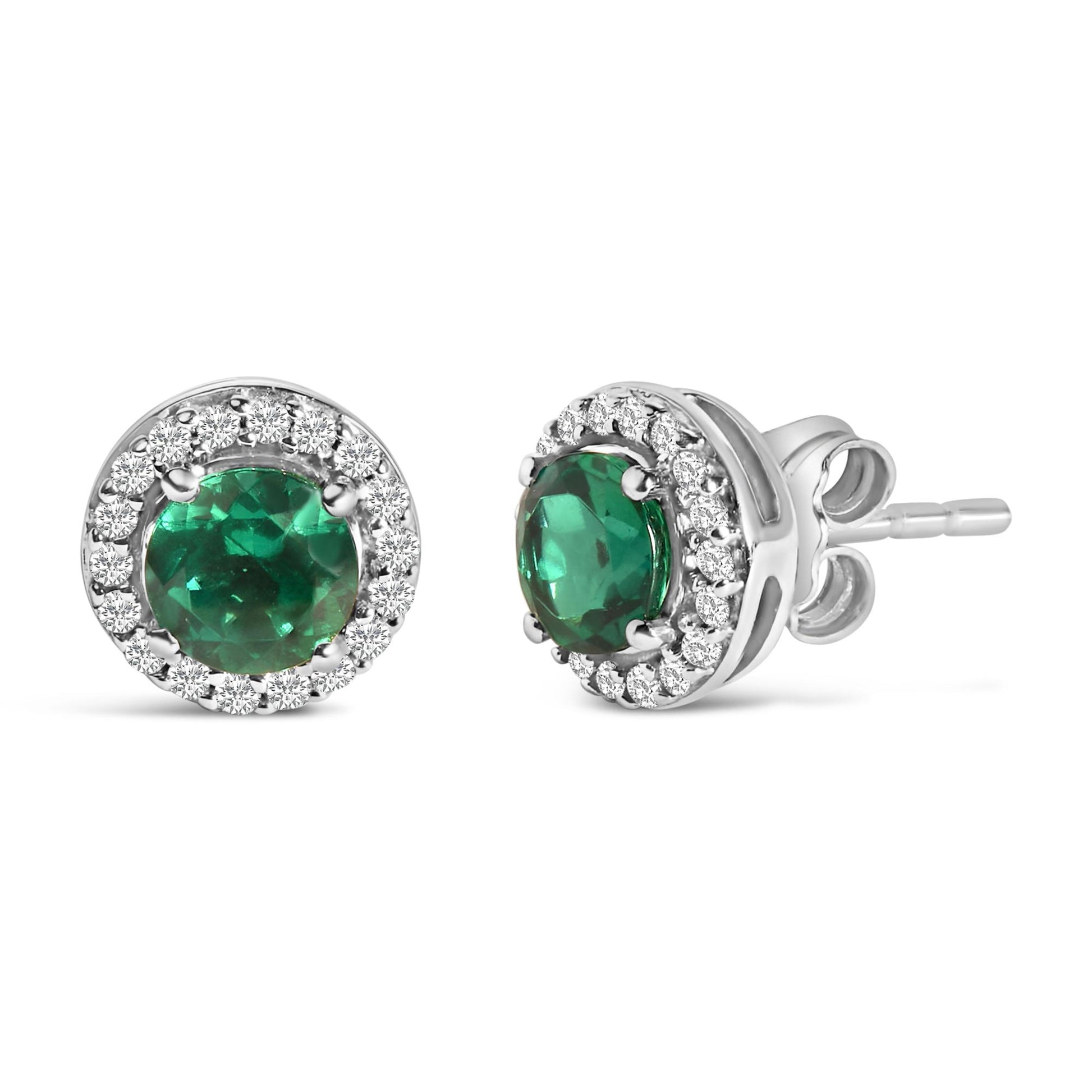 Pair of white metal round stud earrings with a central green gemstone surrounded by smaller white gemstones, shown from front and side angles.