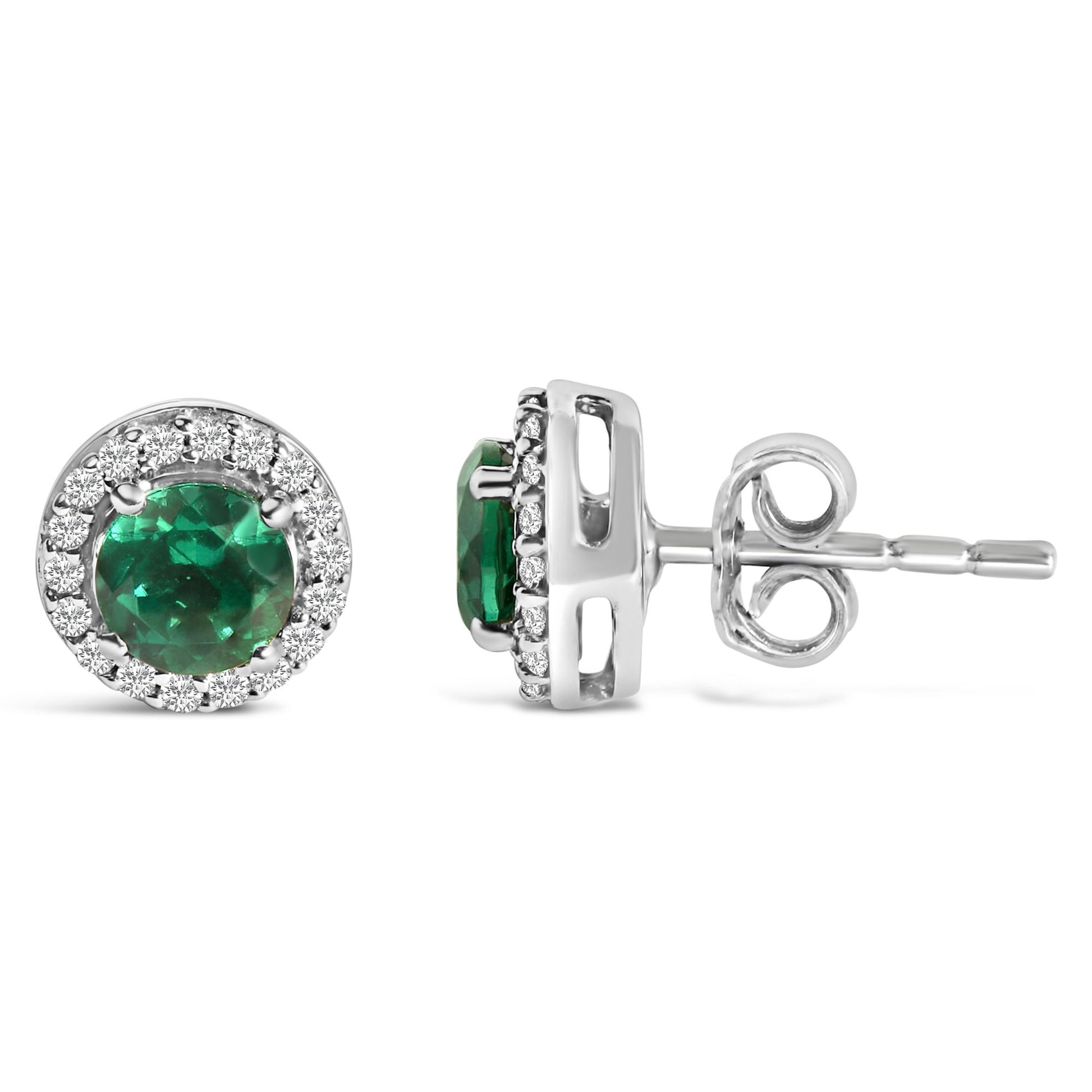 Pair of white metal stud earrings shown from front and side angles, each featuring a round green gemstone center surrounded by a circle of small white gemstones in prong settings.