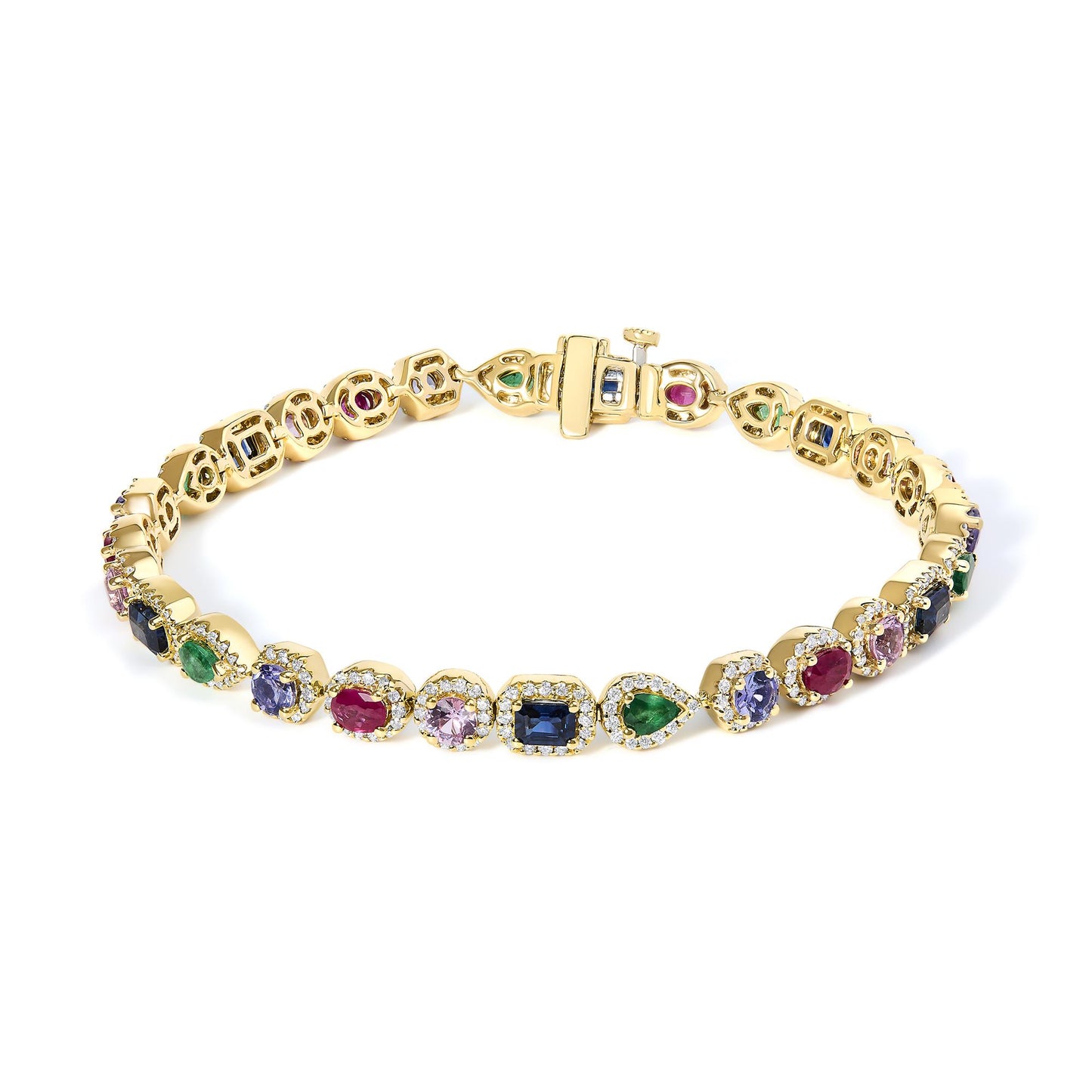 Yellow metal bracelet with various shaped and colored gemstones including green pear-shaped, blue round and emerald-shaped, red oval, and pink round, all prong-set and surrounded by small white round gemstones, shown from a slightly angled top view on a white background.