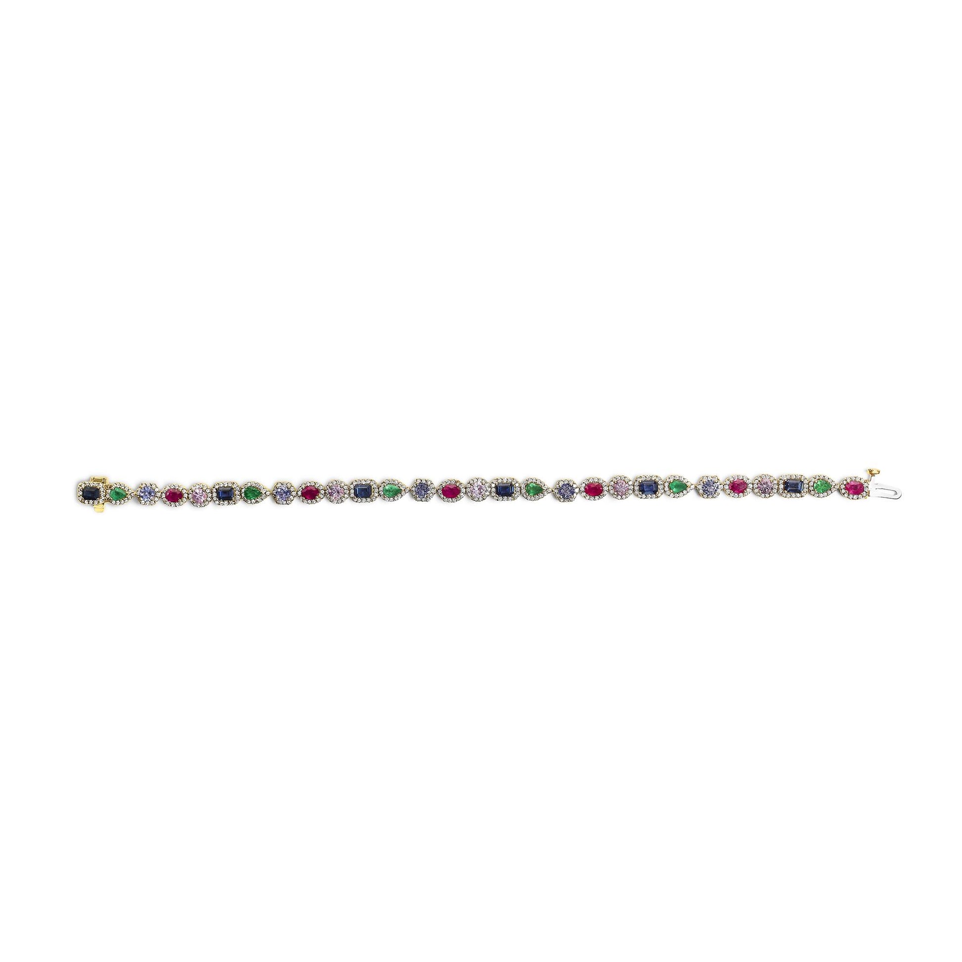 14K Yellow Gold Multi-Gemstone  and Diamond Halo Rainbow Tennis Bracelet