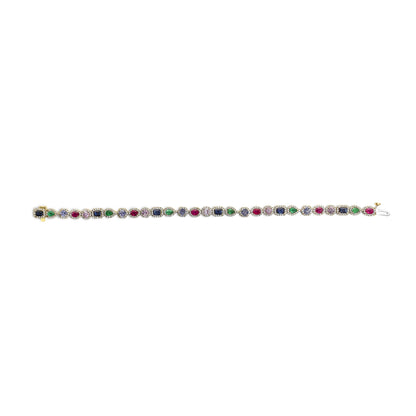 14K Yellow Gold Multi-Gemstone  and Diamond Halo Rainbow Tennis Bracelet