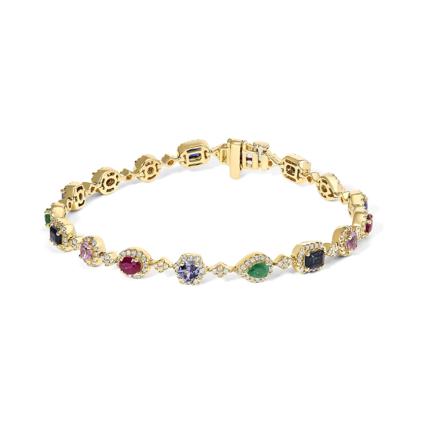 14K Yellow Gold Multi-Gemstone  and Diamond Halo Rainbow Link Bracelet