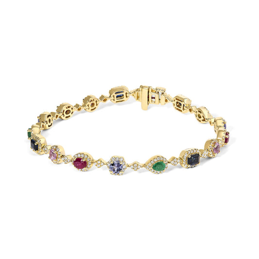 14K Yellow Gold Multi-Gemstone  and Diamond Halo Rainbow Link Bracelet