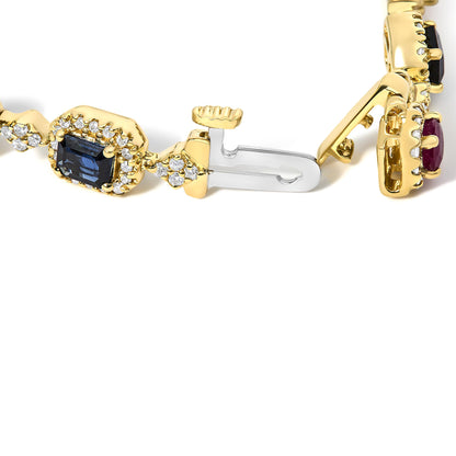 14K Yellow Gold Multi-Gemstone  and Diamond Halo Rainbow Link Bracelet