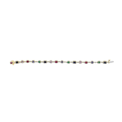 14K Yellow Gold Multi-Gemstone  and Diamond Halo Rainbow Link Bracelet