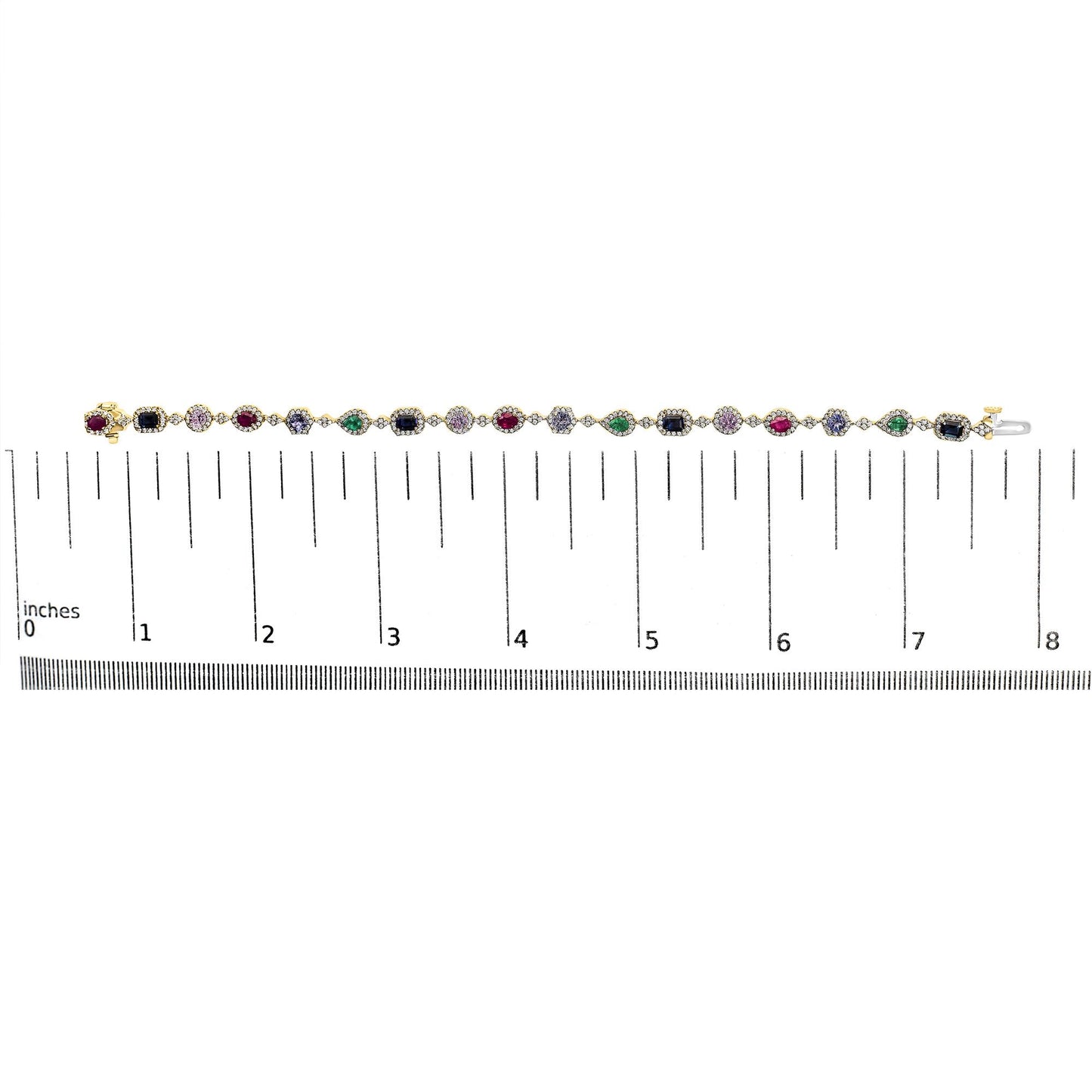 14K Yellow Gold Multi-Gemstone  and Diamond Halo Rainbow Link Bracelet