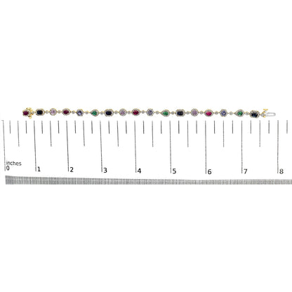 14K Yellow Gold Multi-Gemstone  and Diamond Halo Rainbow Link Bracelet