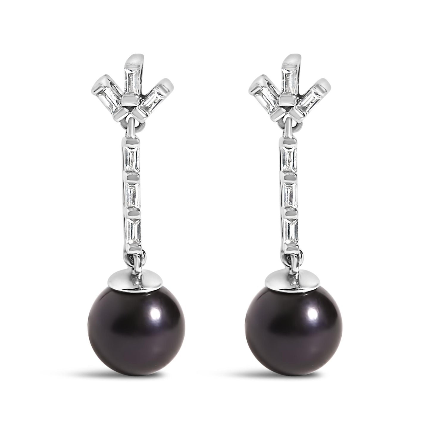 Front view of a pair of white metal drop earrings featuring white baguette-shaped gemstones set in a channel setting along the vertical bar and cluster at the top, with a large dark round gemstone dangling at the bottom.