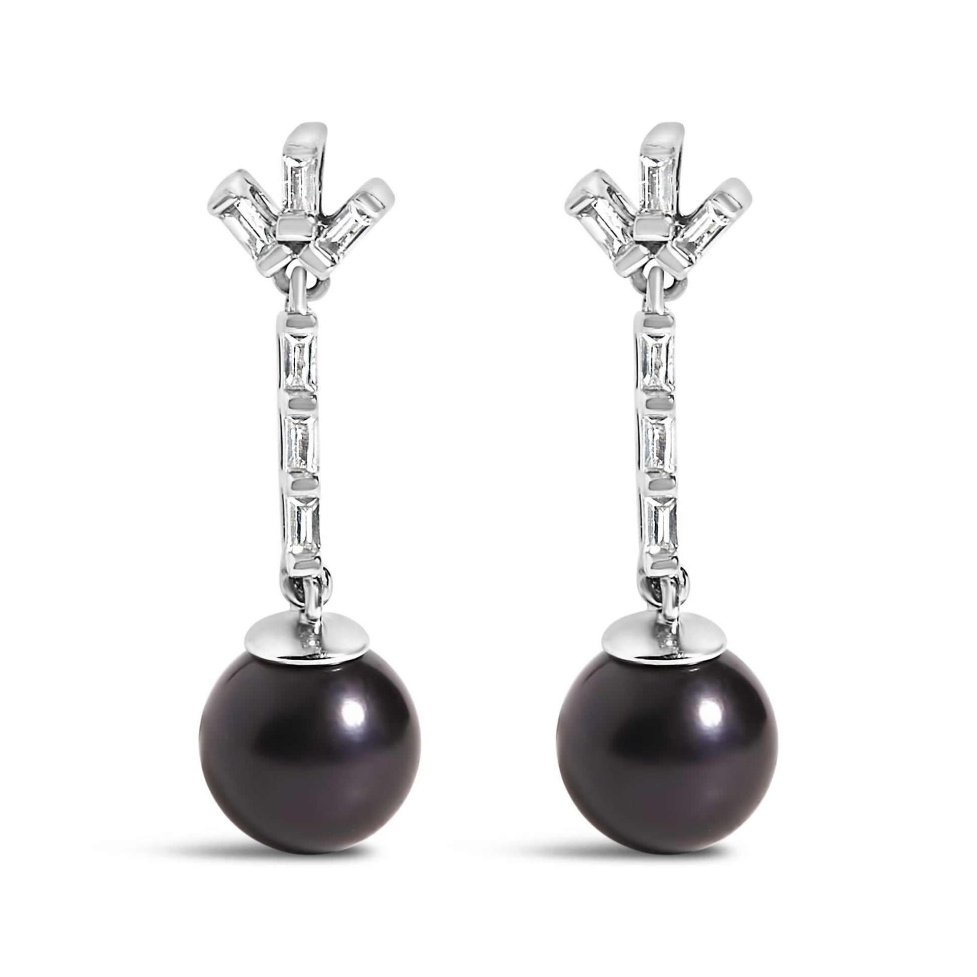 Front view of a pair of white metal drop earrings featuring white baguette-shaped gemstones set in a channel setting along the vertical bar and cluster at the top, with a large dark round gemstone dangling at the bottom.