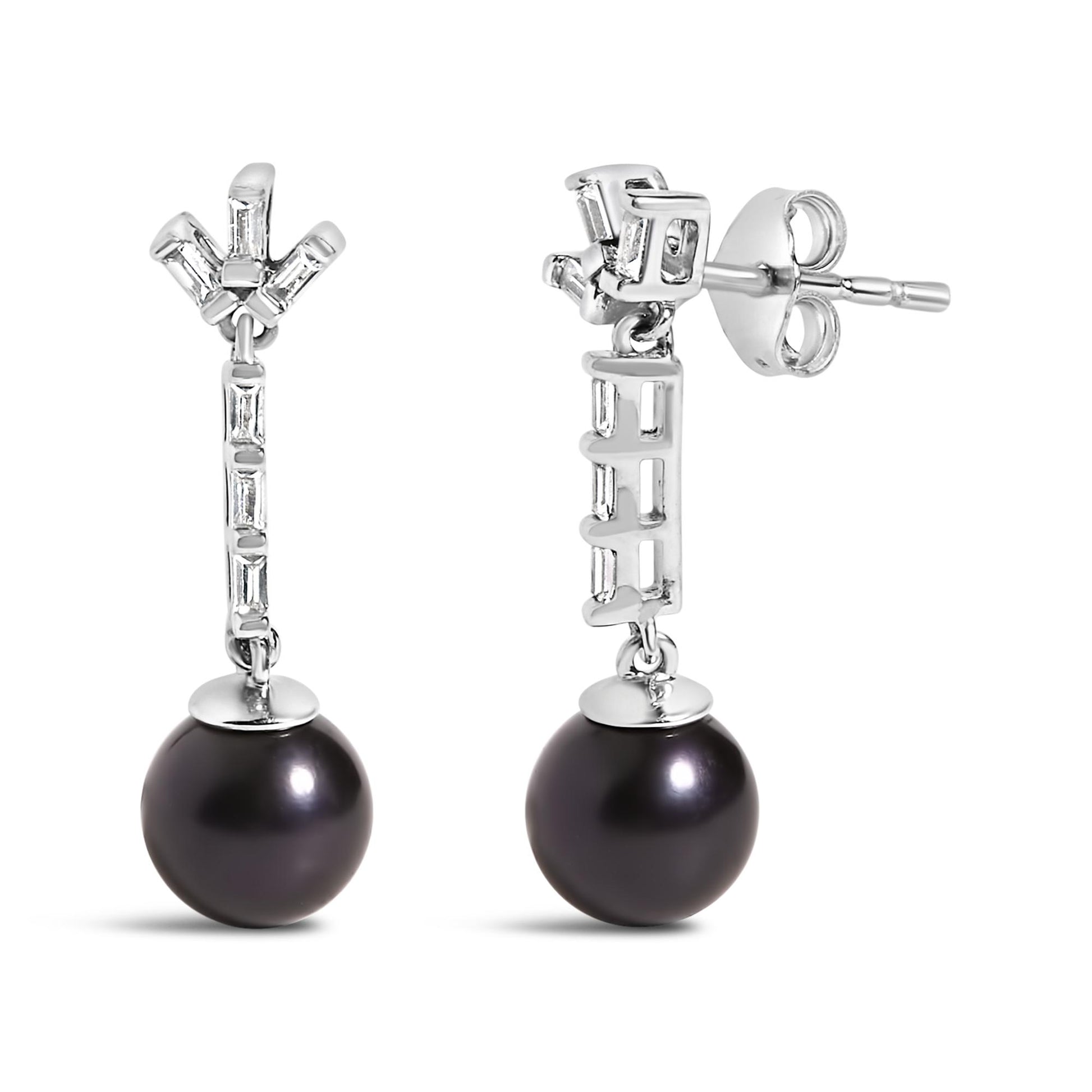 Pair of white metal drop earrings shown from the front and side angles, featuring white baguette-shaped gemstones in a vertical arrangement and a single dark round bead hanging at the bottom.