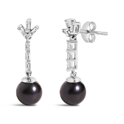Pair of white metal drop earrings shown from the front and side angles, featuring white baguette-shaped gemstones in a vertical arrangement and a single dark round bead hanging at the bottom.