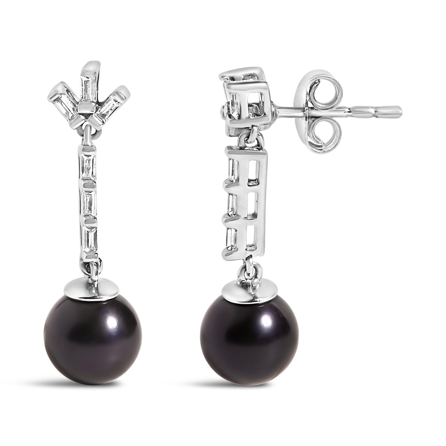 Front and side view of white metal drop earrings with white baguette-shaped gemstones in a channel setting along the drop and a dark round bead at the bottom, shown on a white background.