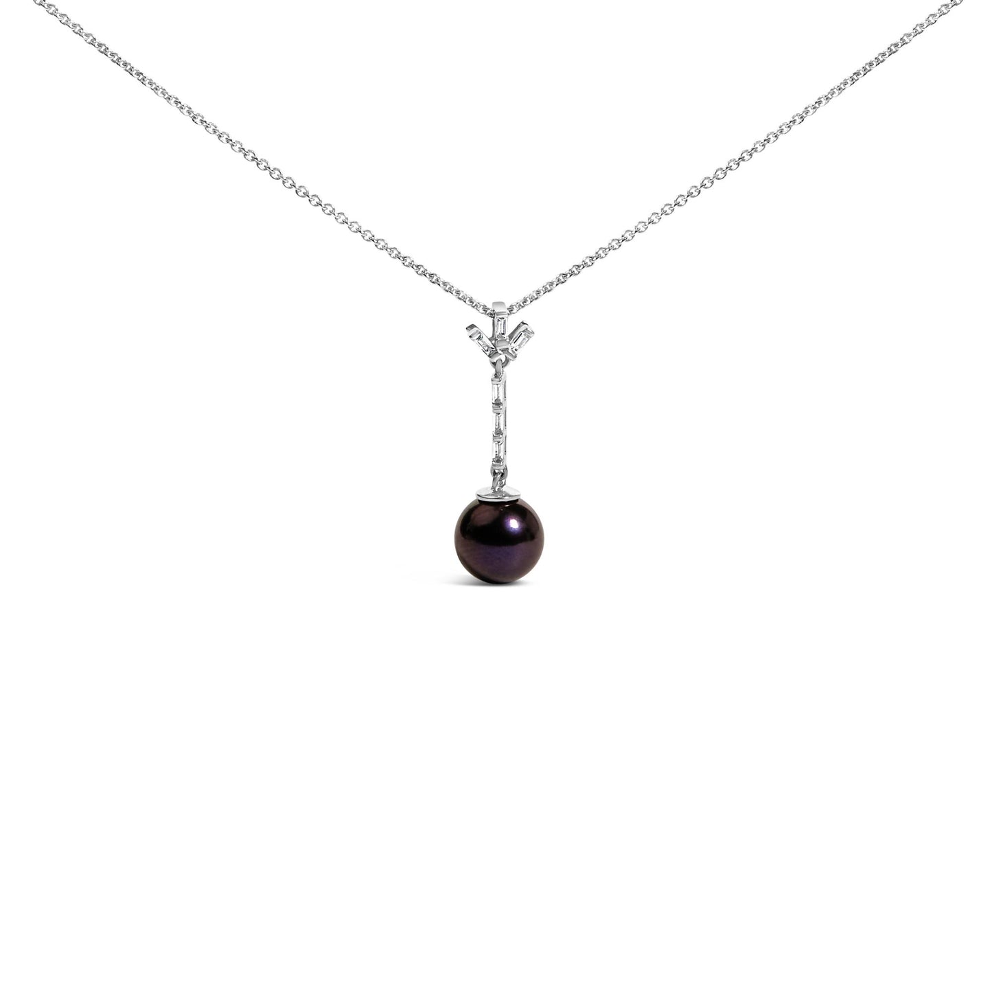 White metal necklace shown from the front with a vertical bar pendant set with white baguette-shaped gemstones in a channel setting, ending with a dark round gemstone drop.