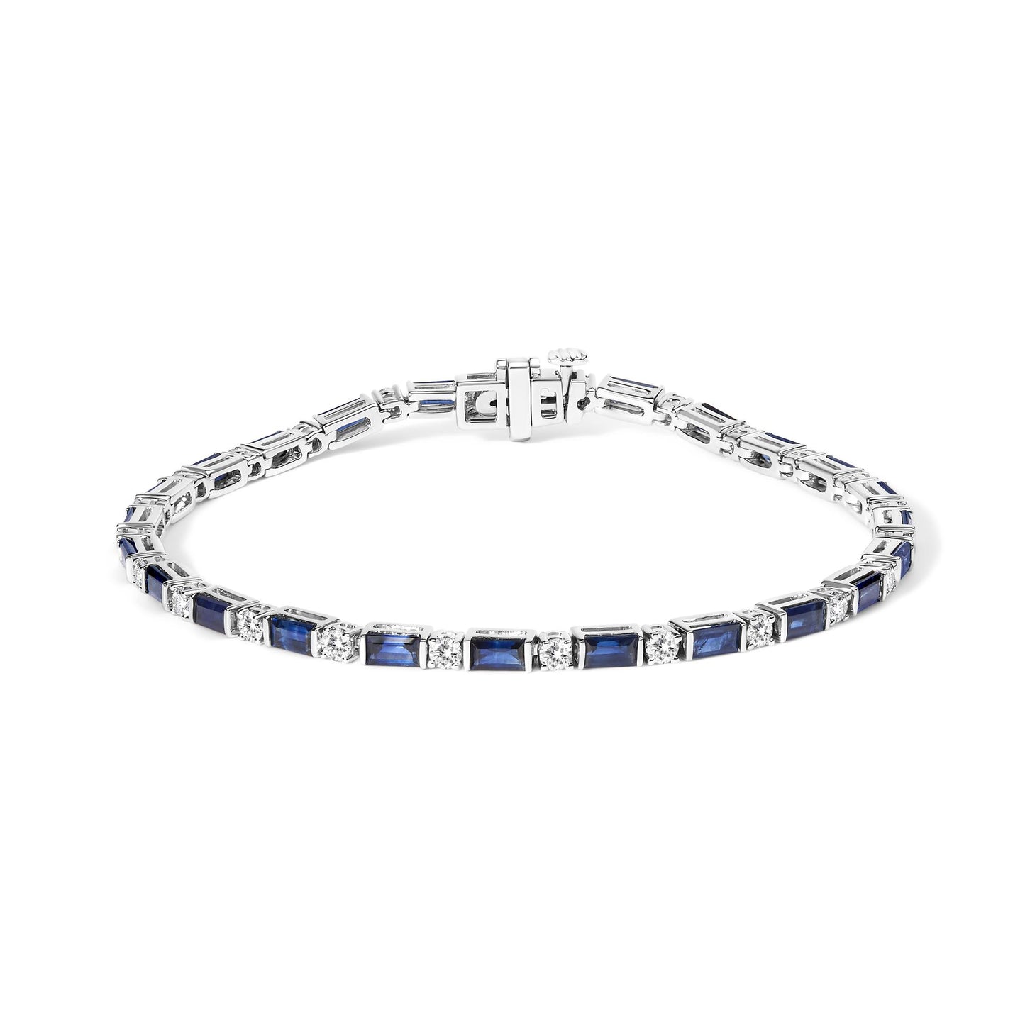 Bracelet with alternating blue baguette-shaped gemstones in channel settings and round white gemstones in prong settings, shown from a slightly elevated front angle on a white background.