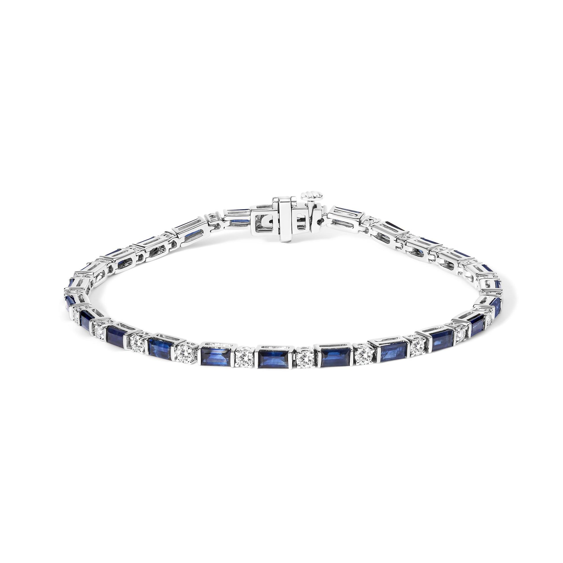 Bracelet with alternating blue baguette-shaped gemstones in channel settings and round white gemstones in prong settings, shown from a slightly elevated front angle on a white background.