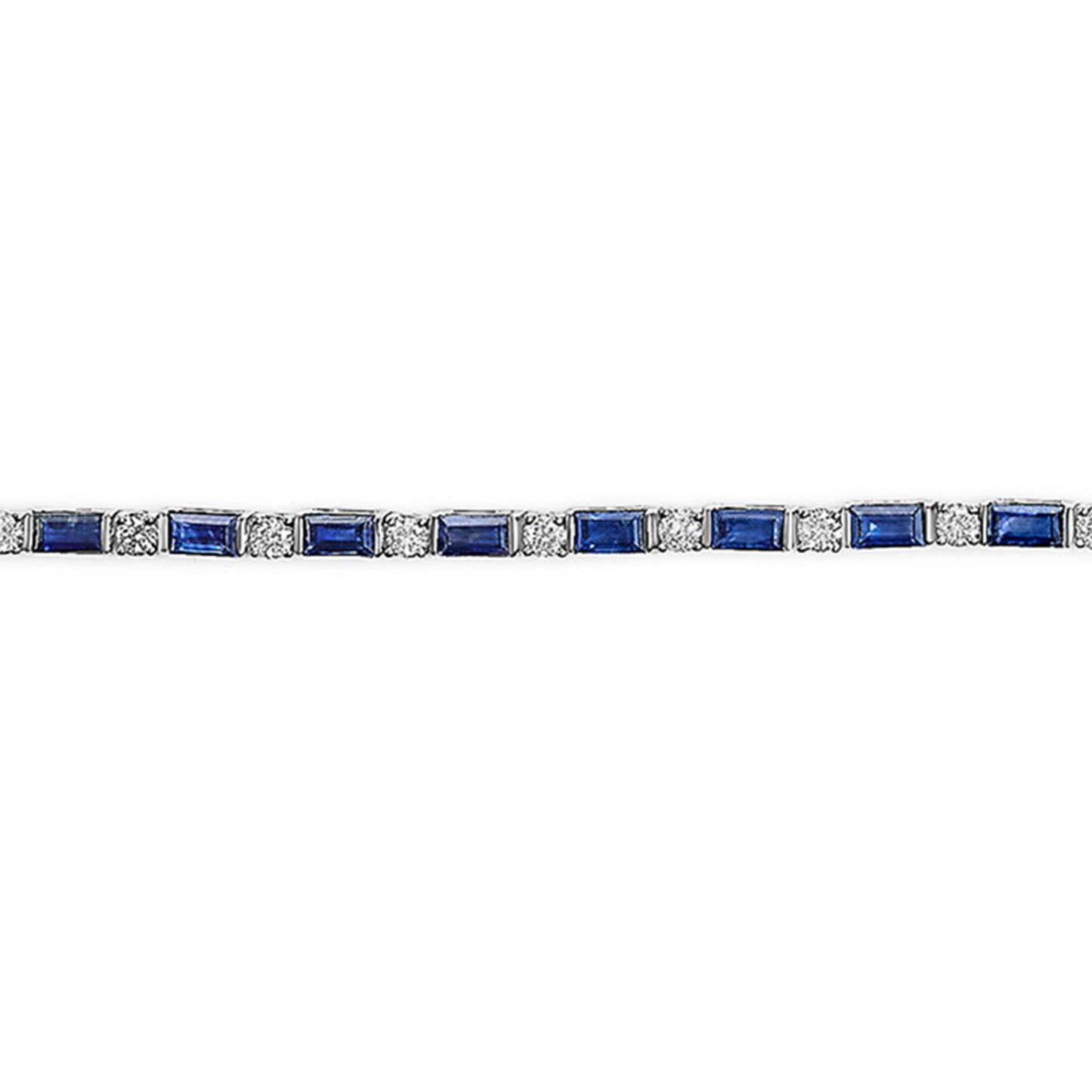 Straight-on view of a white bracelet with alternating round white gemstones in prong settings and blue baguette-shaped gemstones in channel settings.