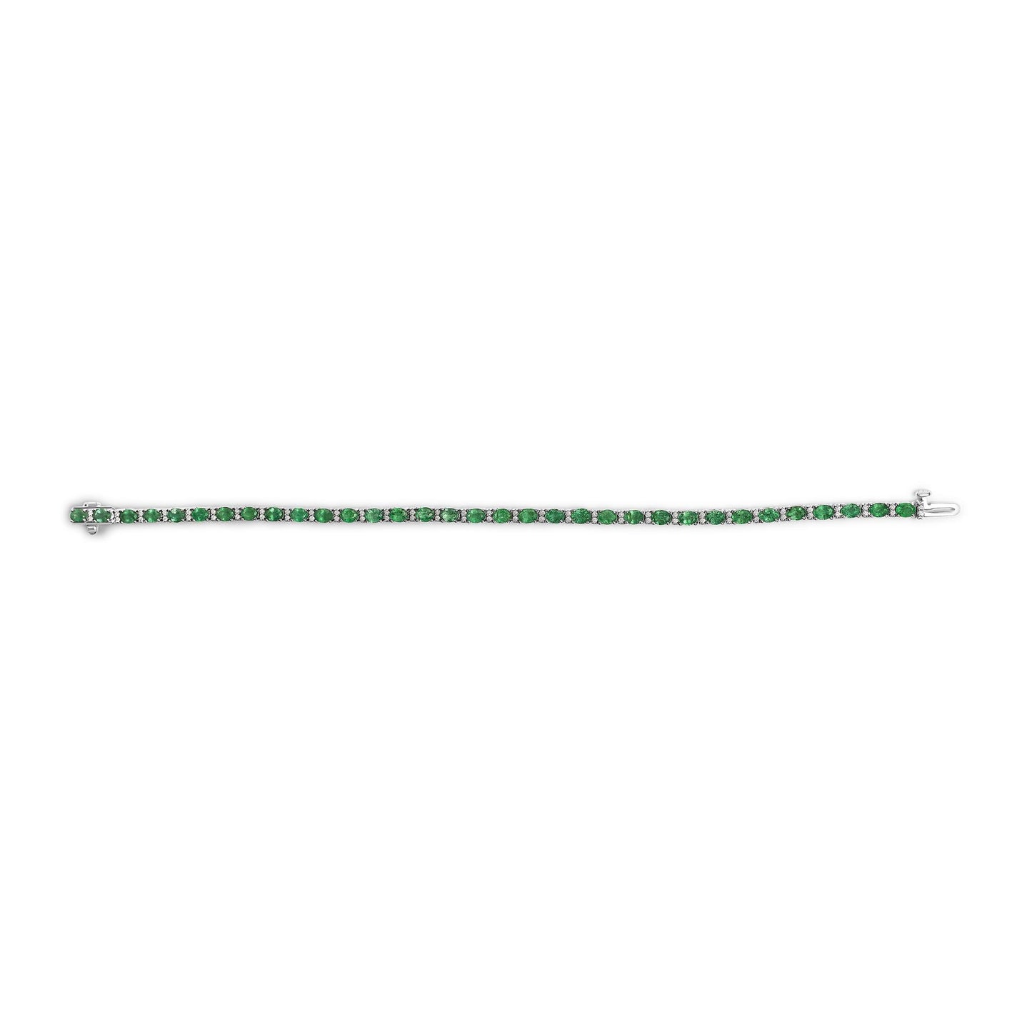 White metal bracelet with a single row of alternating green oval gemstones and white round gemstones, shown flat on a white background from a top-down angle.
